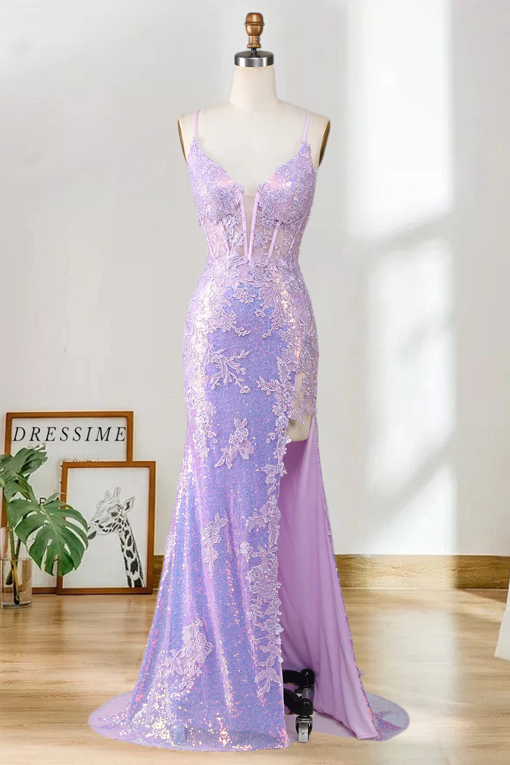 Dressime Sparkly Mermaid Spaghetti Straps Sequins Long Prom Dresses with Appliques