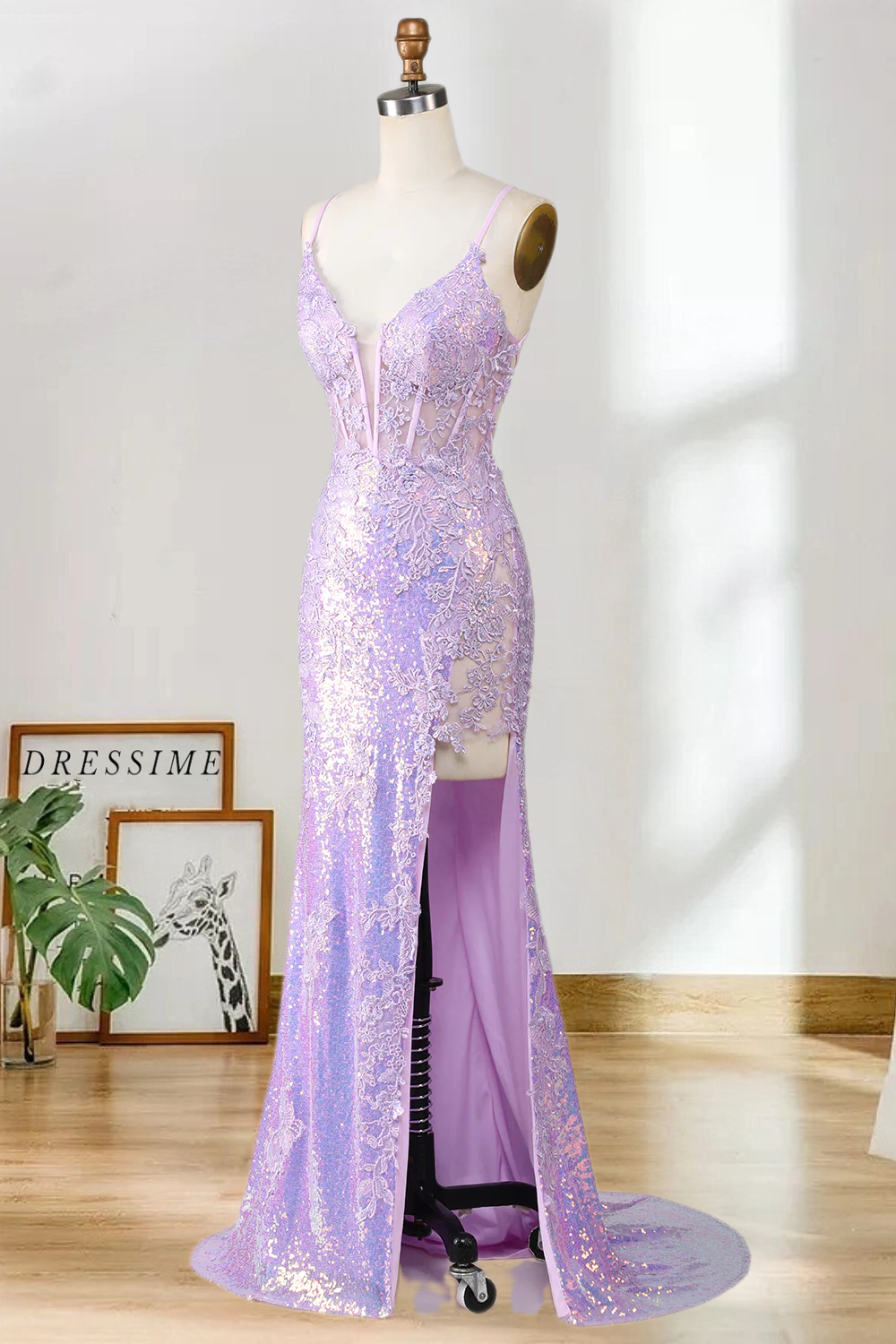 Dressime Sparkly Mermaid Spaghetti Straps Sequins Long Prom Dresses with Appliques