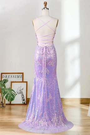 Dressime Sparkly Mermaid Spaghetti Straps Sequins Long Prom Dresses with Appliques