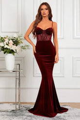 Dressime Sparkly Mermaid Spaghetti Straps Velvet Long Formal Dress