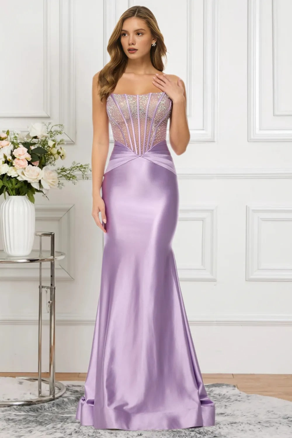 Dressime Sparkly Mermaid Strapless Satin Beaded Long Prom Dress