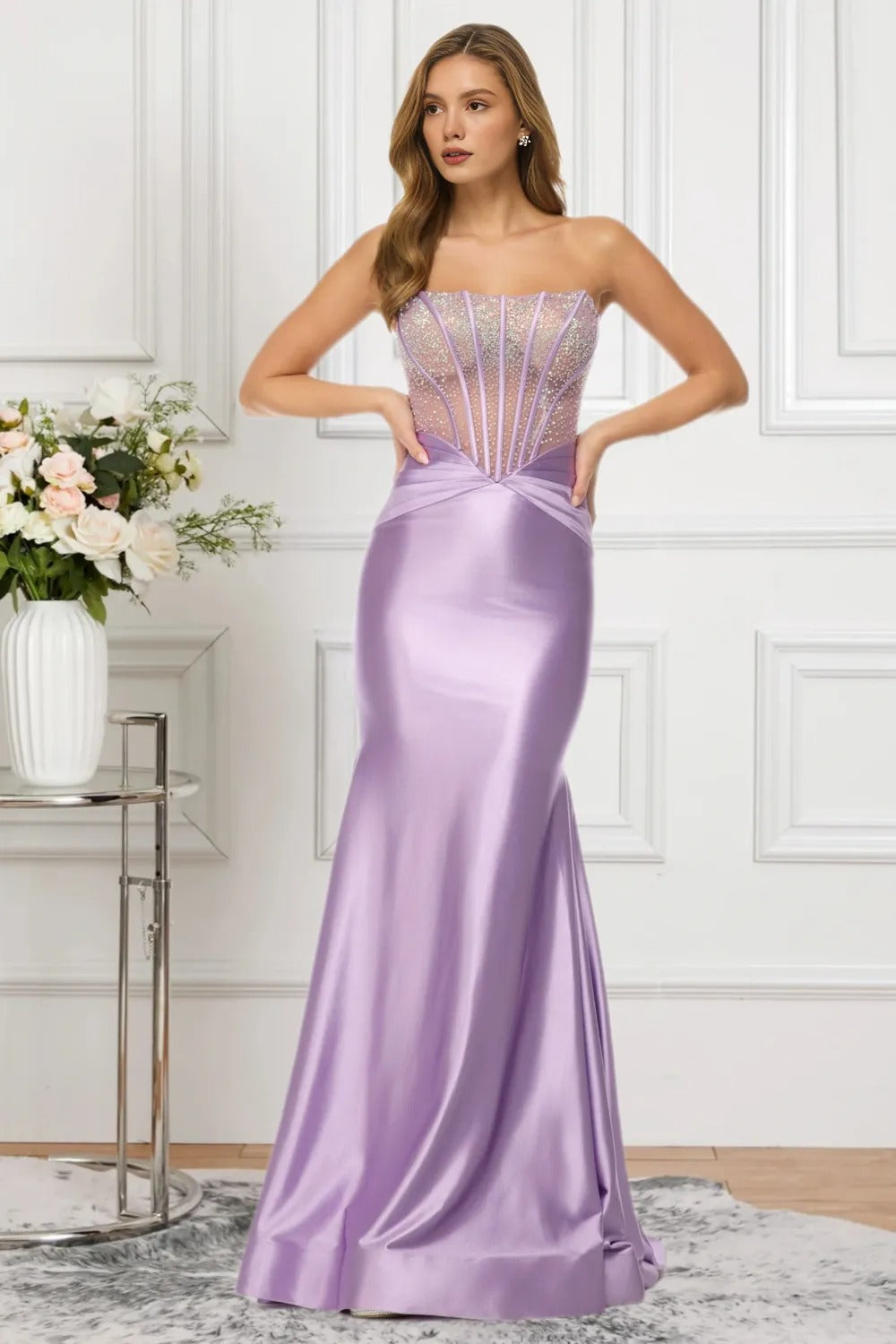 Dressime Sparkly Mermaid Strapless Satin Beaded Long Prom Dress