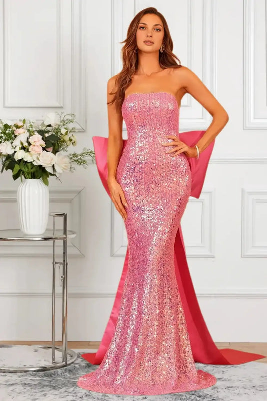 Dressime Sparkly Mermaid Strapless Sequin Formal Dress With Bow