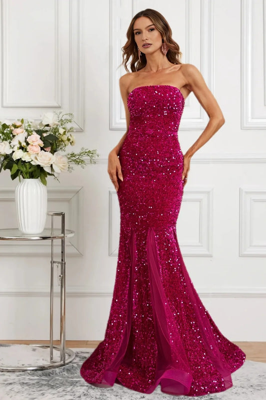 Dressime Sparkly Mermaid Strapless Sequin Long Formal Dress