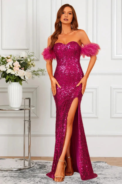 Dressime Sparkly Mermaid Sweetheart Sequin Slit Formal Dress With Feather