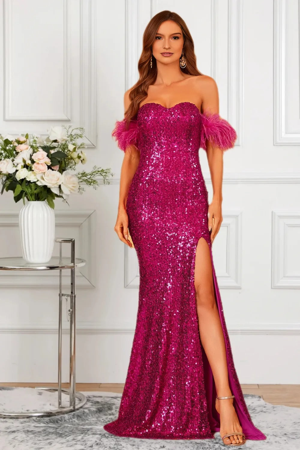 Dressime Sparkly Mermaid Sweetheart Sequin Slit Formal Dress With Feather