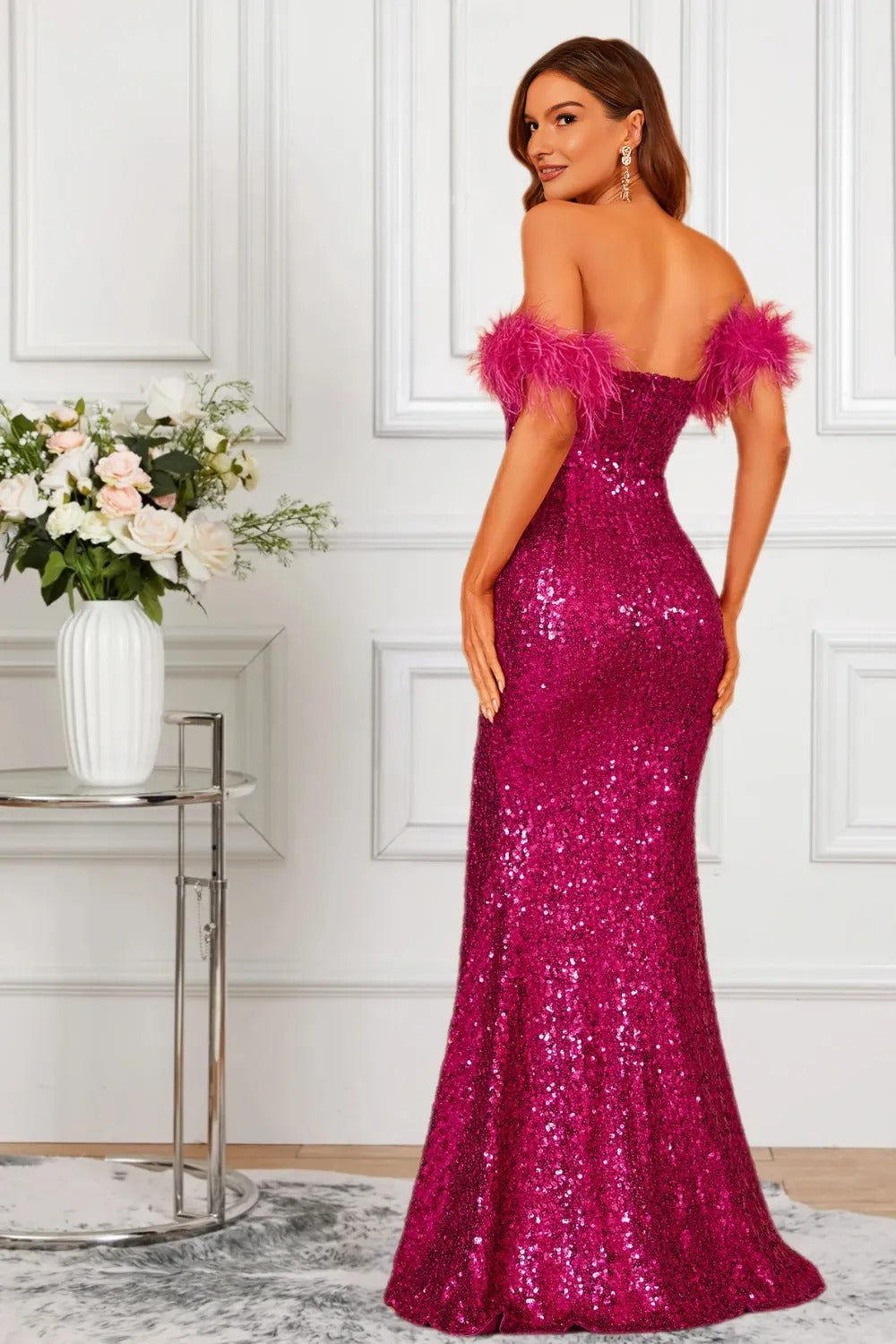 Dressime Sparkly Mermaid Sweetheart Sequin Slit Formal Dress With Feather