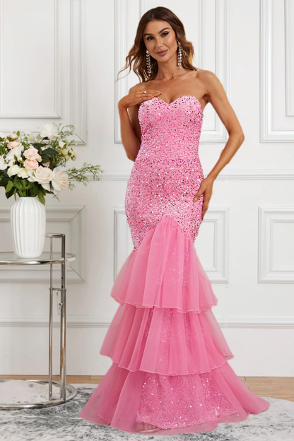 Dressime Sparkly Mermaid Sweetheart Sequin Tiered Piping Long Formal Dress