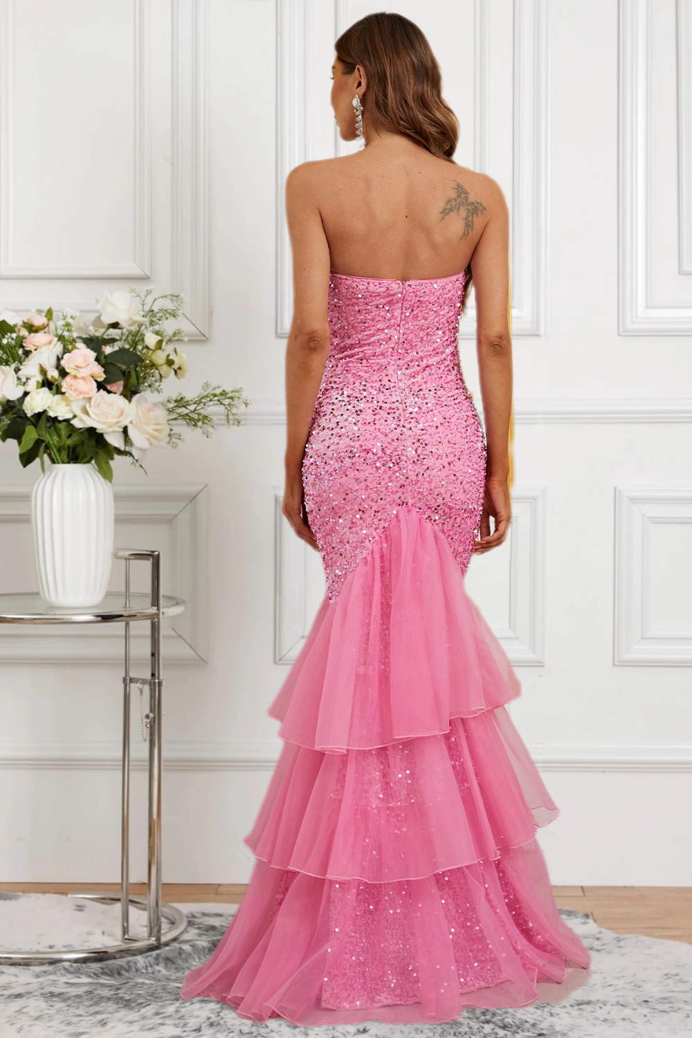 Dressime Sparkly Mermaid Sweetheart Sequin Tiered Piping Long Formal Dress