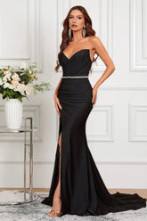 Dressime Sparkly Mermaid V Neck Satin Slit Formal Dress With Beading