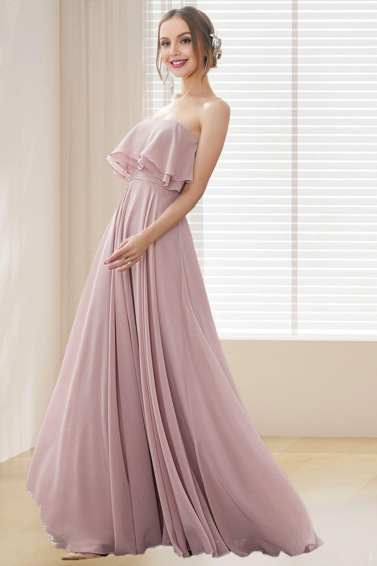 Dressime Strapless Bridesmaid Dresses A Line Ruched Bodice Chiffon
