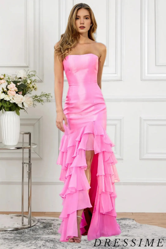 Dressime Unique Mermaid Strapless Satin Ruffled Tiered Prom Dress