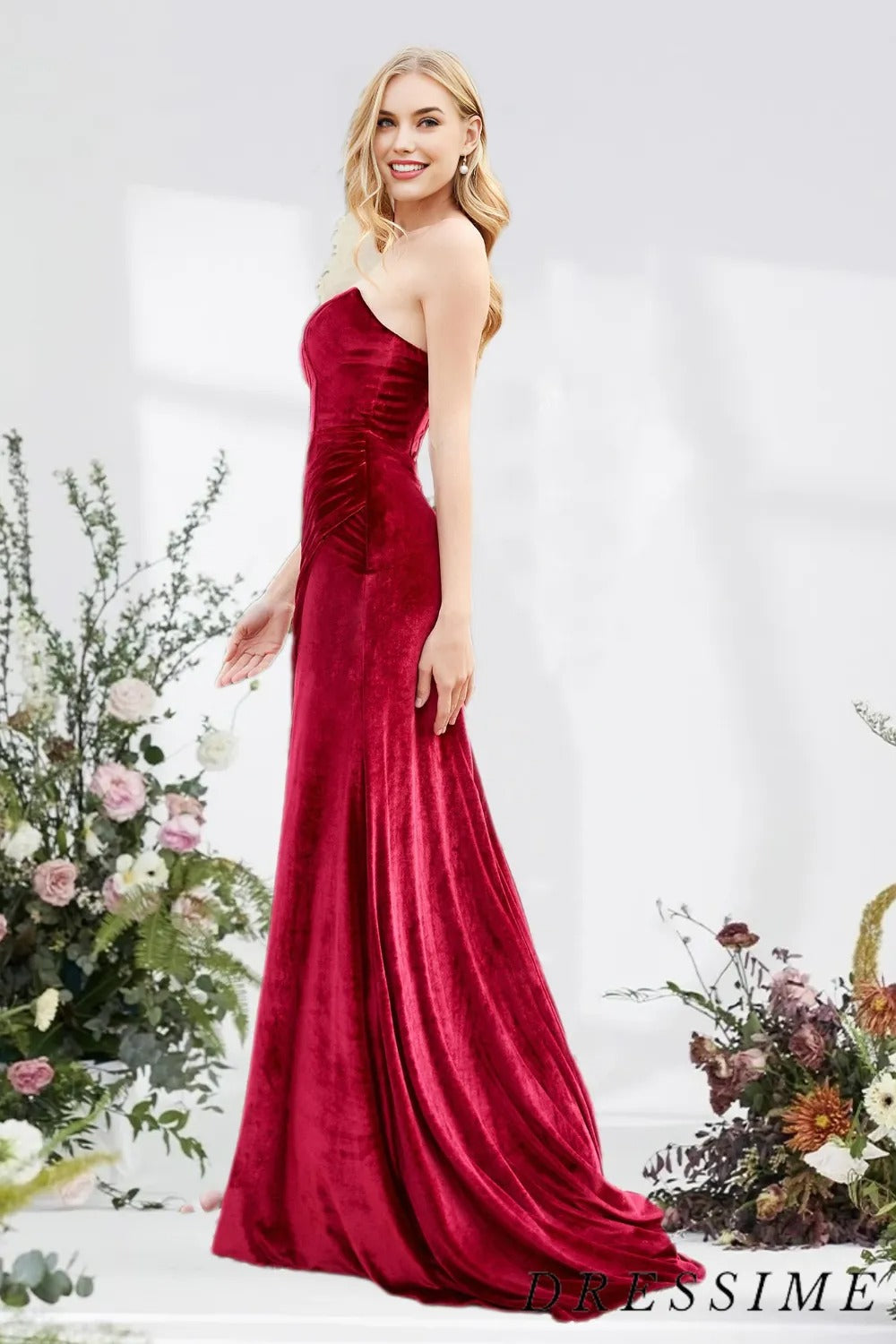 Dressine A Line Strapless Velvet Floor Length Bridesmaid Dress dressime