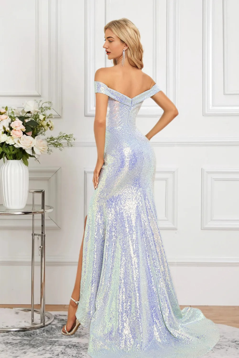 Dressine Mermaid Off The Shoulder Sequin Long Formal Dress with Slit