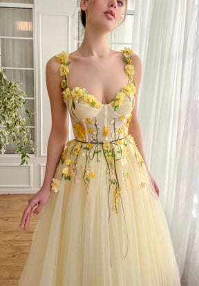 Dressime A Line Spaghetti Straps Tulle Midi Party Dress With 3D Flowers