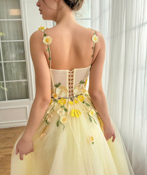 Dressime A Line Spaghetti Straps Tulle Midi Party Dress With 3D Flowers