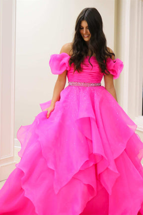 Dressime A Line Off-the-Shoulder Puff Sleeve Multi-Tiered Long Prom Dresses
