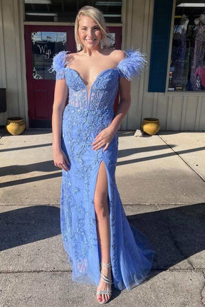 dressimeMermaid Off the Shoulder Long Lace Appliques Prom Dresses With Feather 