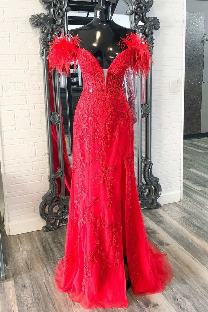 dressimeMermaid Off the Shoulder Long Lace Appliques Prom Dresses With Feather 