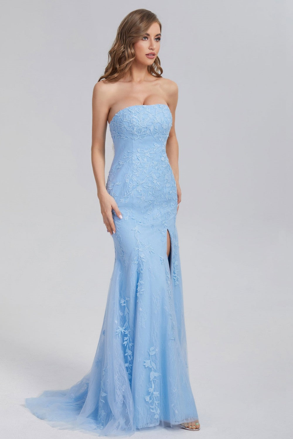 dressimeMermaid Strapless Applique Long Prom Dresses With Slit 