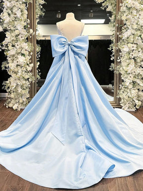 Dressime A Line Spaghetti Straps Satin Blue Long Prom Dress With Bow