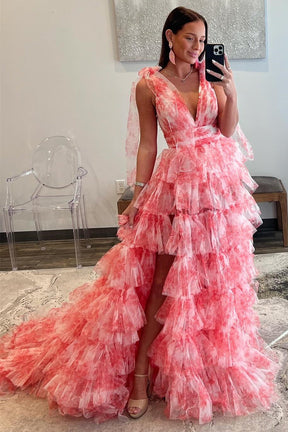 Dressime A Line V Neck Tulle Print Plunge V Ruffle Tiered Long Prom Dress