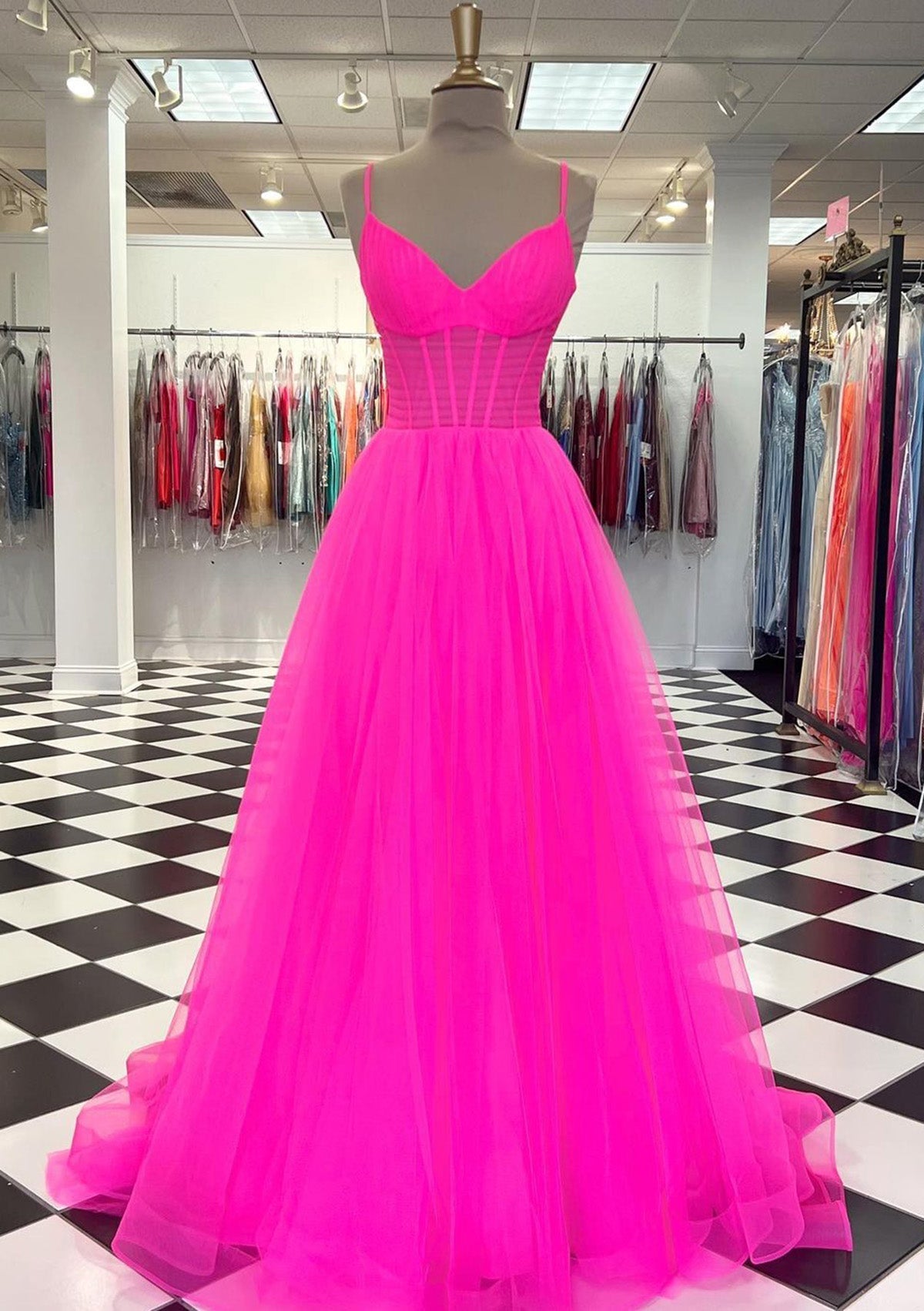 Dressime A Line Spaghetti Straps Tulle Long Prom Dress With Slit