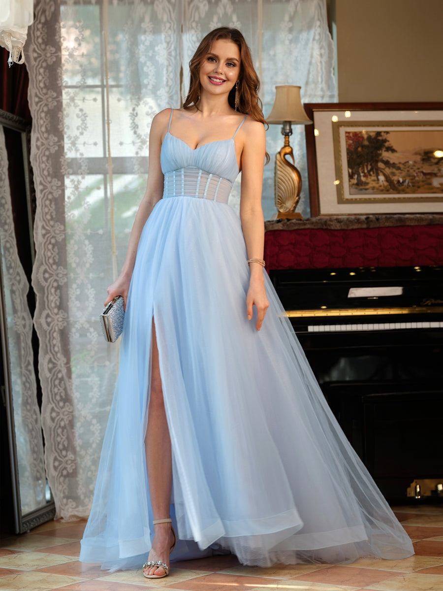 Dressime A Line Spaghetti Straps Tulle Long Prom Dress With Slit