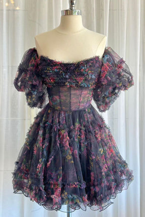 Dressime A Line Off the Shoulder Printed Above Knee Homecoming Dresses with Ruffled