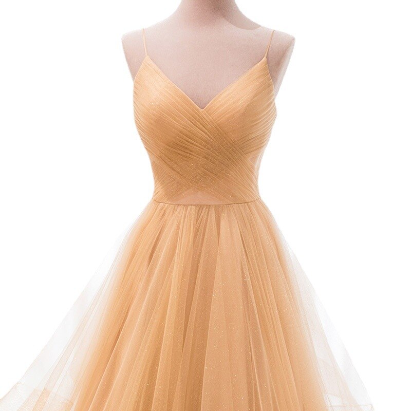 Dressime A line Ruffles Spaghetti Straps Tulle Long Prom Dress