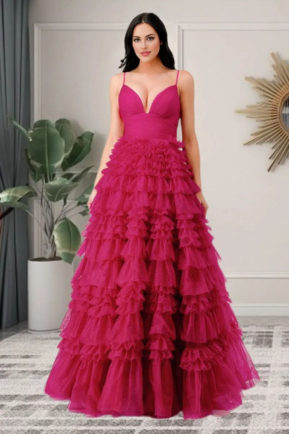 Dressime A Line Tulle Tiered Spaghetti Straps Prom Dresses Slit Evening Dresses