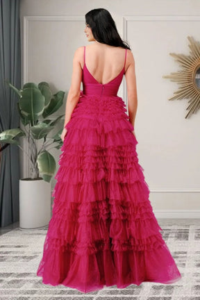 Dressime A Line Tulle Tiered Spaghetti Straps Prom Dresses Slit Evening Dresses