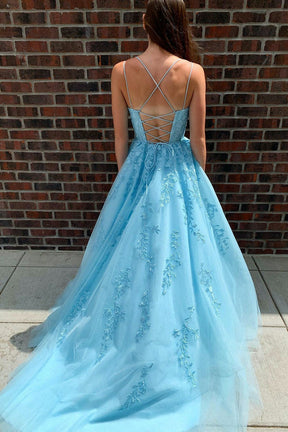 dressimeA Line Appliques Spaghetti Straps Long Prom Dresses 