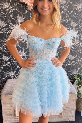 dressimeA-Line Off The Shoulder Feather Sweetheart Tiered Short/Mini Prom Homecoming Dress 