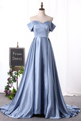 dressimeA Line Off The Shoulder Satin Split  Long Prom Dresses 