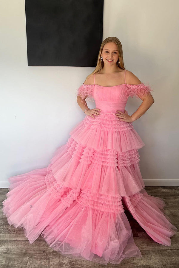 dressimeA Line Off the Shoulder Tulle Long Prom Dress with Feathers 
