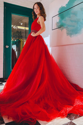 dressimeA-Line Organza Plunge V Neck Long Prom Dress with Beaded Sash 