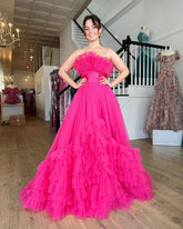 dressimeA-Line Organza Strapless Belted Tiered Prom Dress with Ruffles 