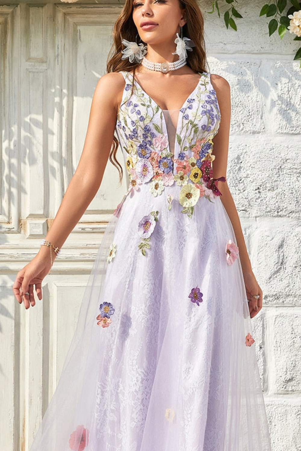 dressimeA-Line/Princess V-Neck Sleeveless Floor-Length Flower Tulle Prom Dresses 