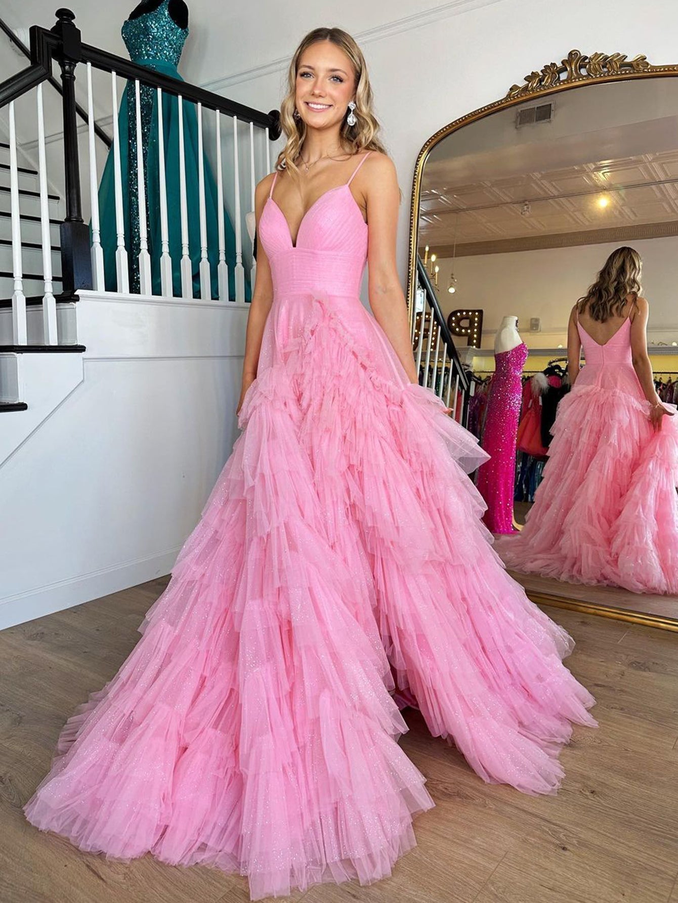 dressimeA-Line Spaghetti Straps Tiered Long Prom Dress With Slit 