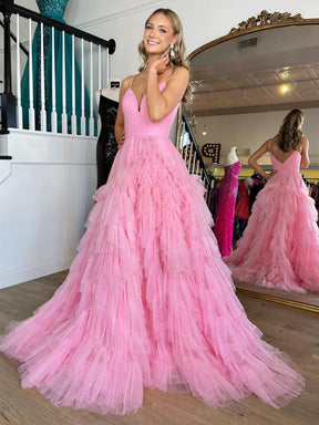 dressimeA-Line Spaghetti Straps Tiered Long Prom Dress With Slit 