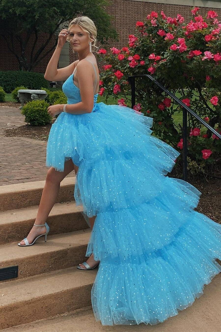 dressimeA Line Spaghetti Straps Tiered Tulle High Low Prom Dresses 