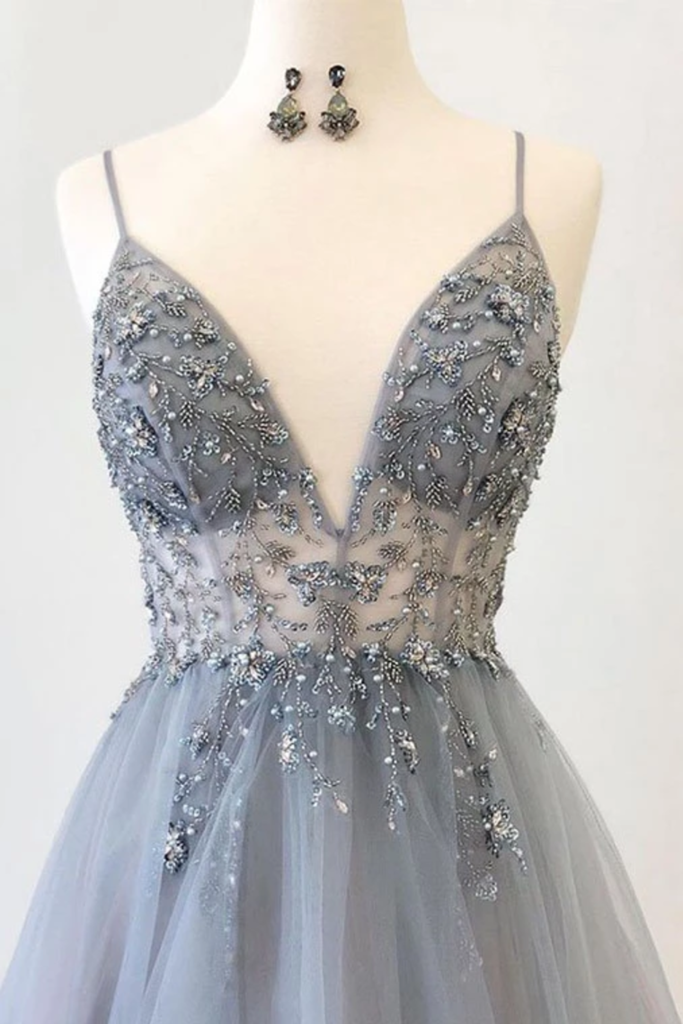 dressimeA Line Spaghetti Straps V Neck Tulle Prom Dress With Beads 