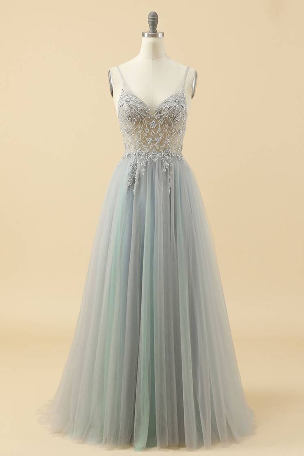 Dressime A Line Spaghetti Straps V Neck Tulle Prom Dress With Beads