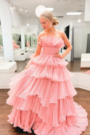 dressimeA Line Strapless Princess Tulle Tiered Layers Ruffles Long Prom Dress 