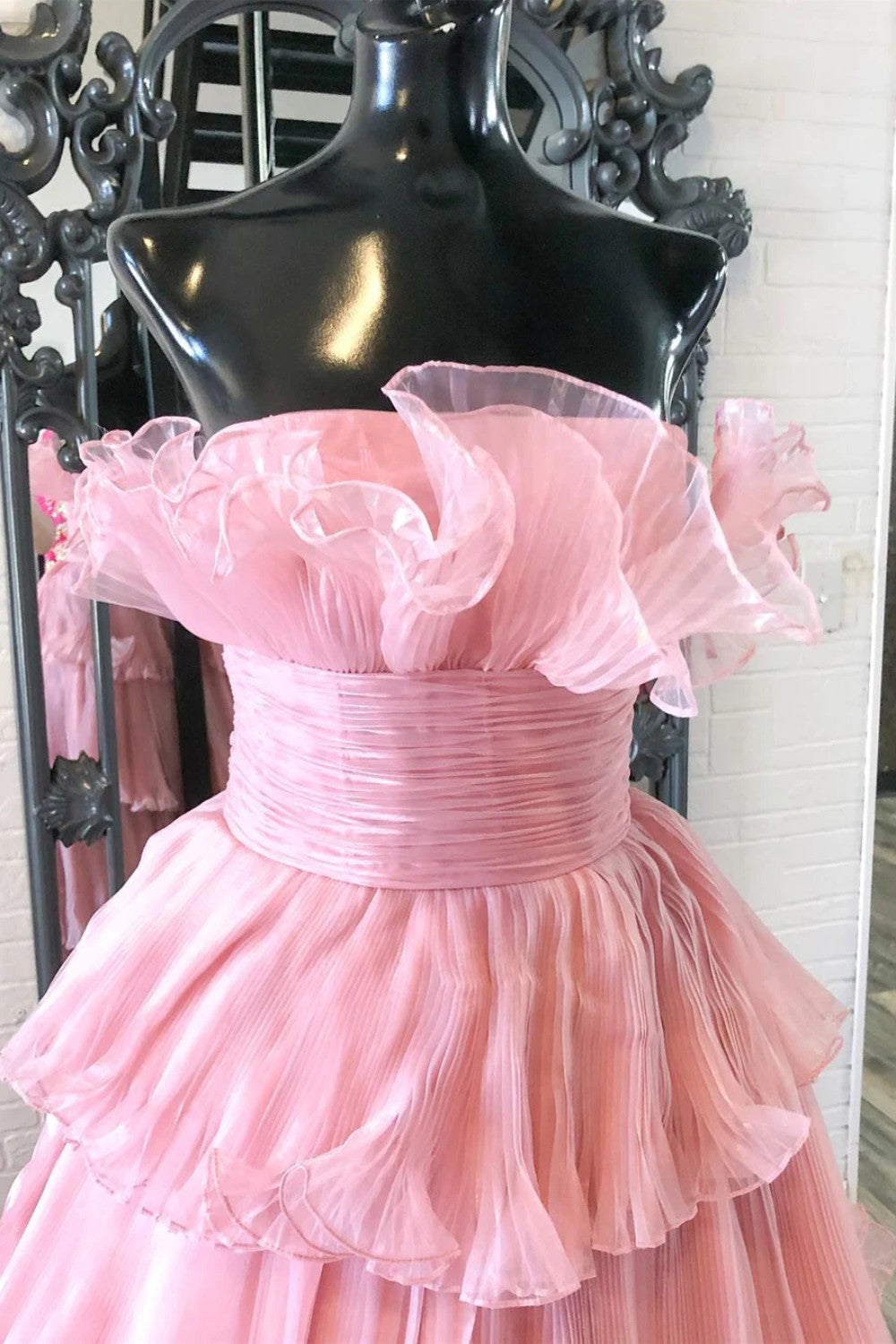 dressimeA Line Strapless Princess Tulle Tiered Layers Ruffles Long Prom Dress 