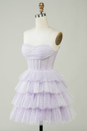 dressimeA Line Strapless Short/Mini Tulle Tiered Homecoming  Dresses With Ruffles 