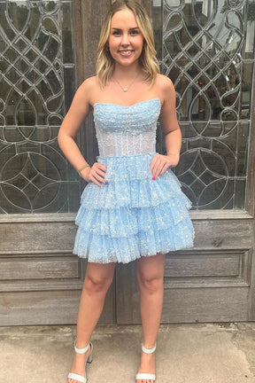 dressimeA Line Strapless Short/Mini Tulle Tiered Homecoming  Dresses With Ruffles 