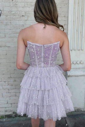 dressimeA Line Strapless Short/Mini Tulle Tiered Homecoming  Dresses With Ruffles 