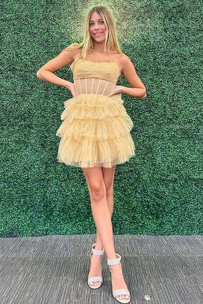 dressimeA Line Strapless Short/Mini Tulle Tiered Homecoming  Dresses With Ruffles 